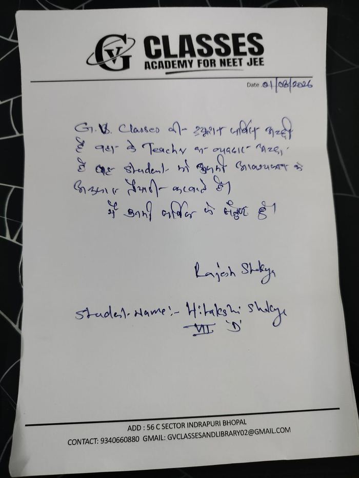Handwritten testimonial from Rajesh Shakya, parent of Hitakshi Shakya